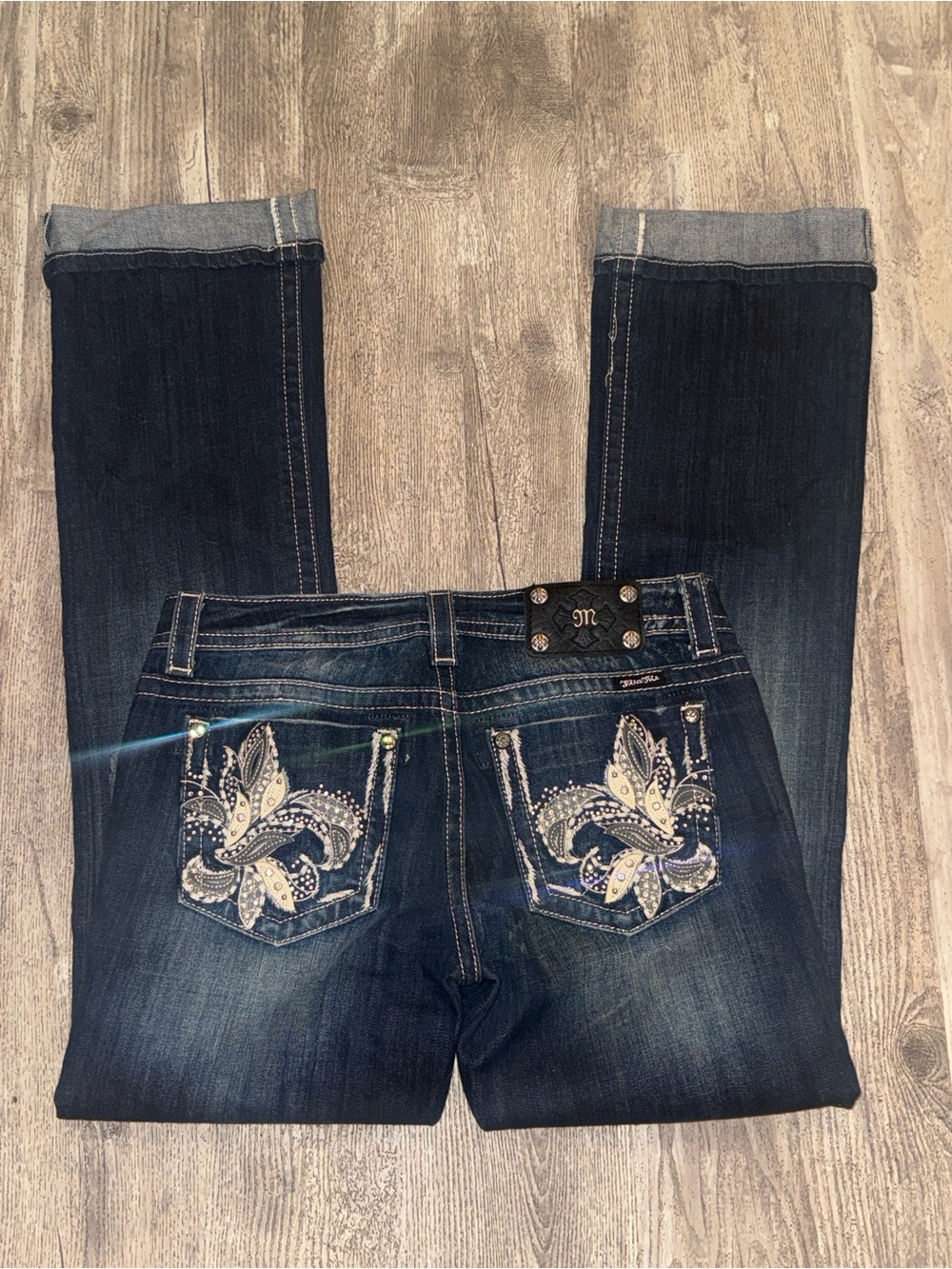 Miss Me Dark Blue Boot Cut Jeans with Fading